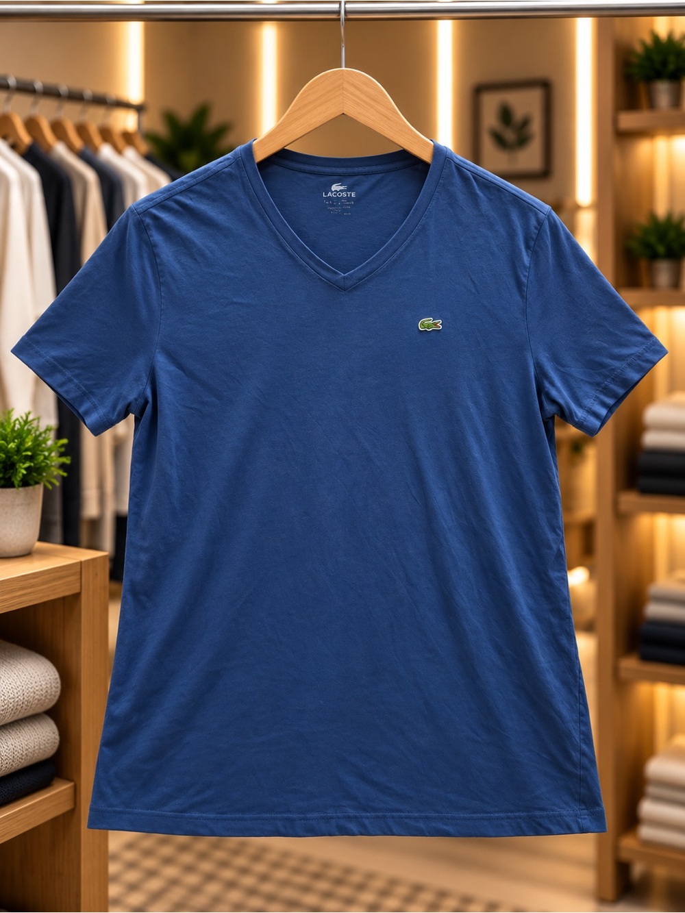 Lacoste Men's V-Neck Tee in Blue with Green Crocodile Logo